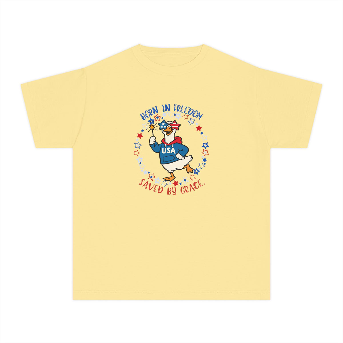 Youth T‑Shirt — "Born in Freedom, Saved by Grace" Patriotic Duck USA Tee