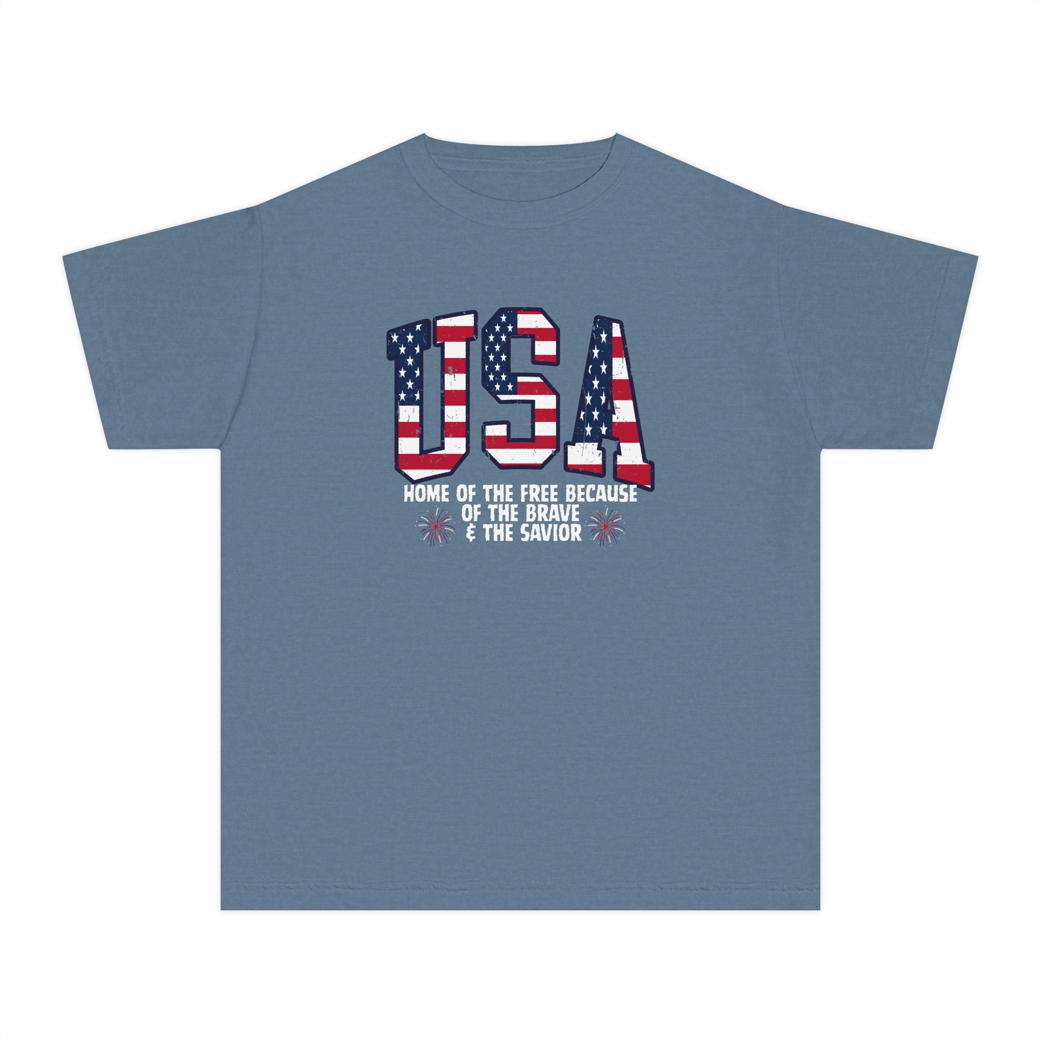 Youth USA Patriotic Tee — "Home of the Free Because of the Brave & the Savior"