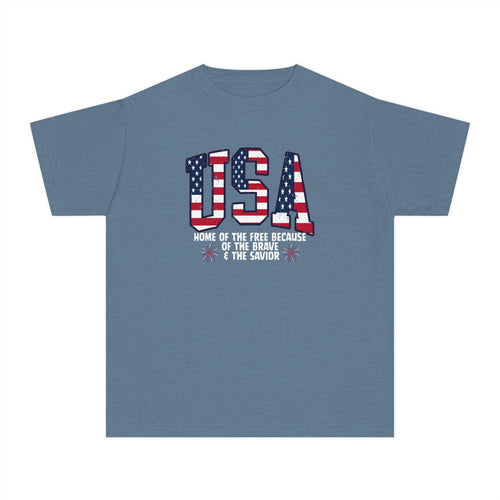Youth USA Patriotic Tee — "Home of the Free Because of the Brave & the Savior"