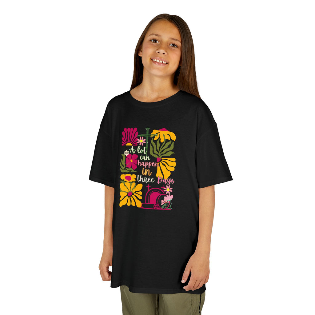 Kids Tee — 'A lot can happen in three Days' Colorful Floral Graphic Shirt