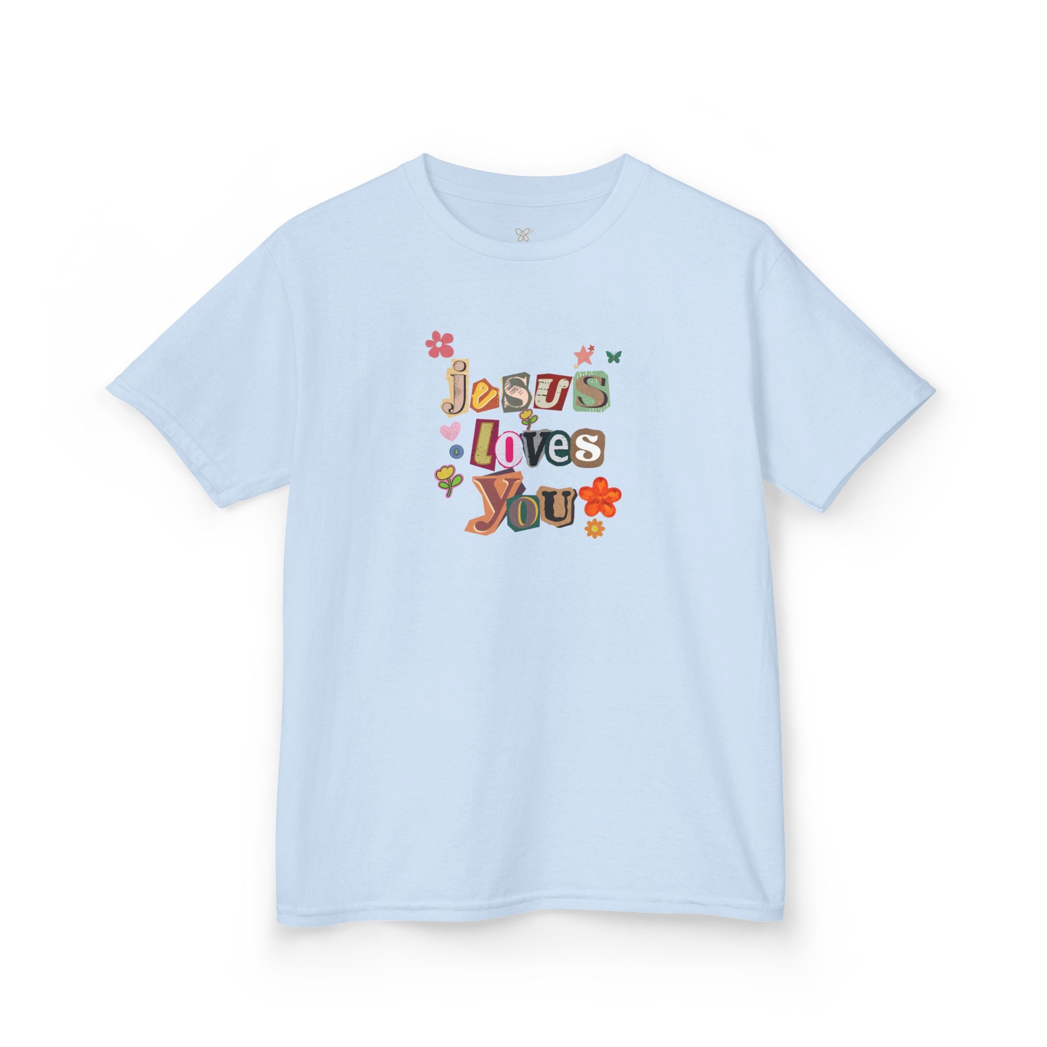 Kids Tee — "Jesus Loves You" Floral Retro Christian Shirt
