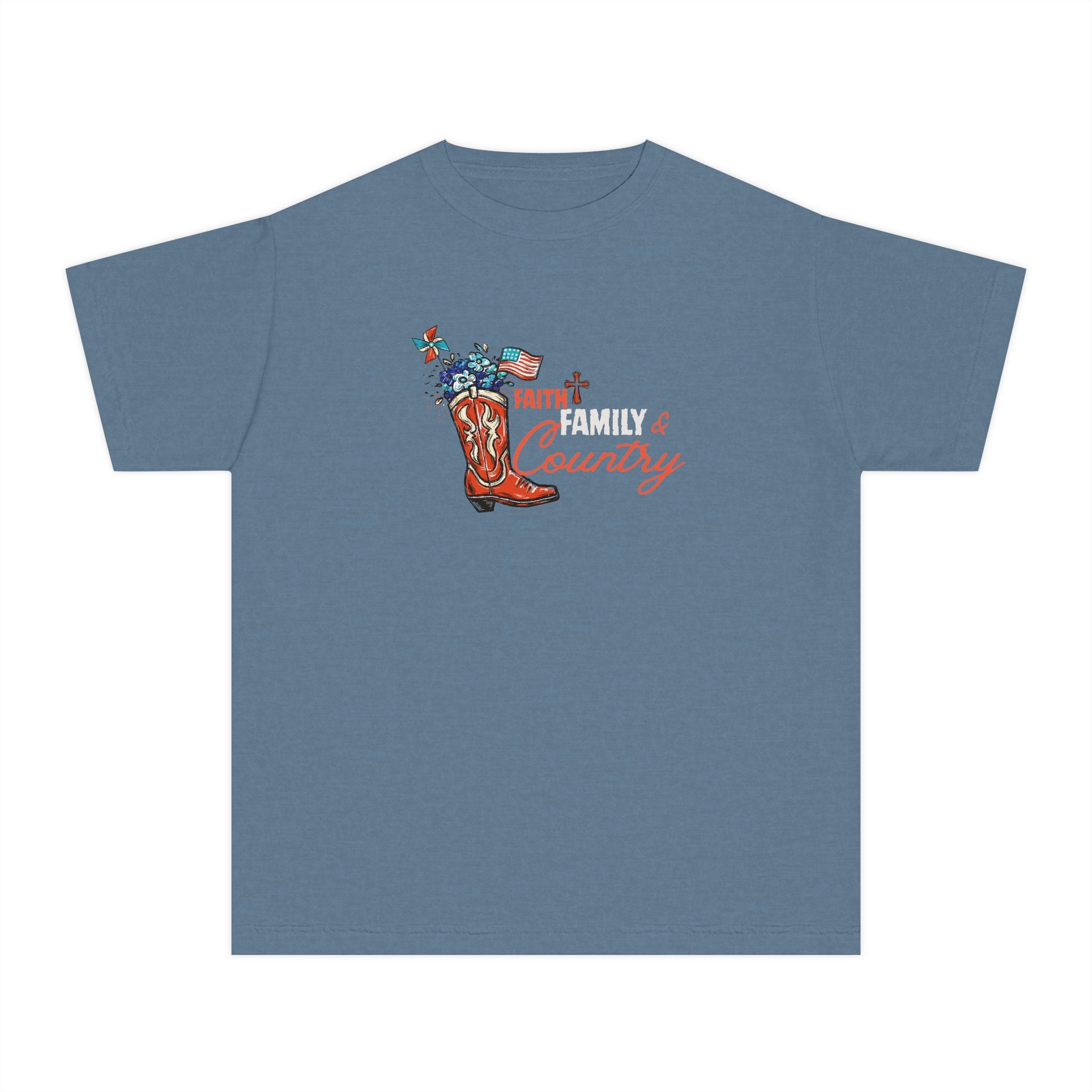 Youth Tee - 'Family & Country' Patriotic Cowboy Boots Graphic