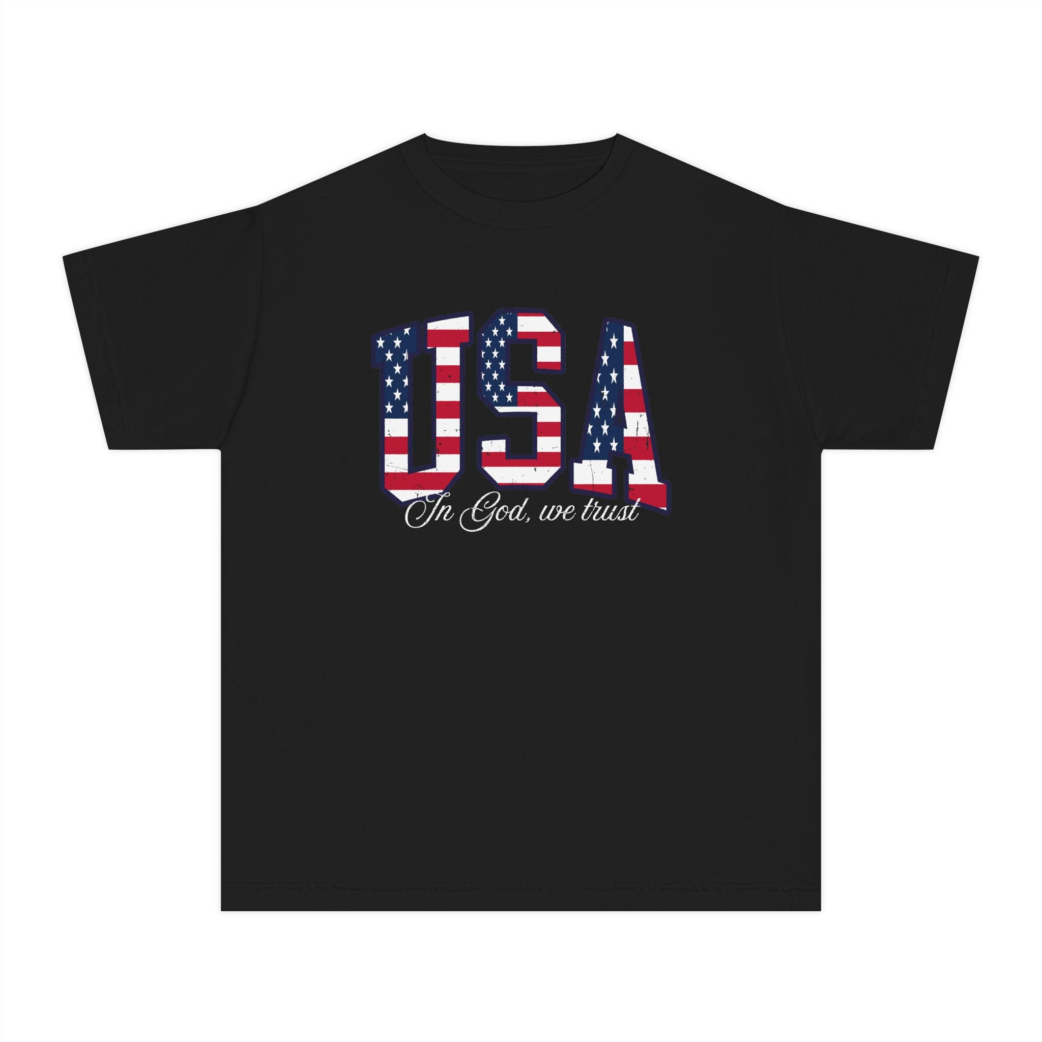 Youth Tee — USA Flag Graphic "In God We Trust" Patriotic Shirt