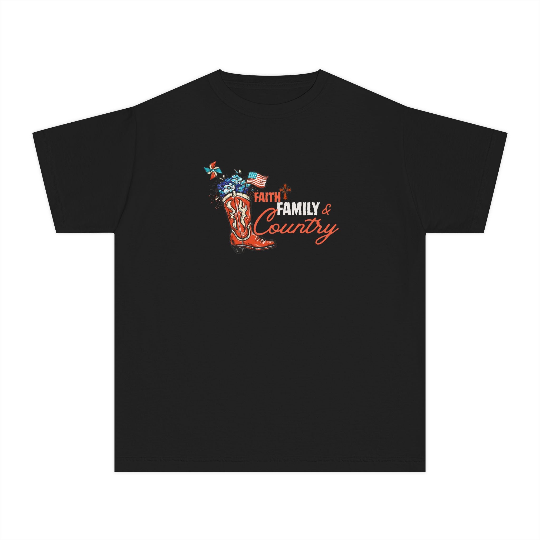Youth Tee - 'Family & Country' Patriotic Cowboy Boots Graphic