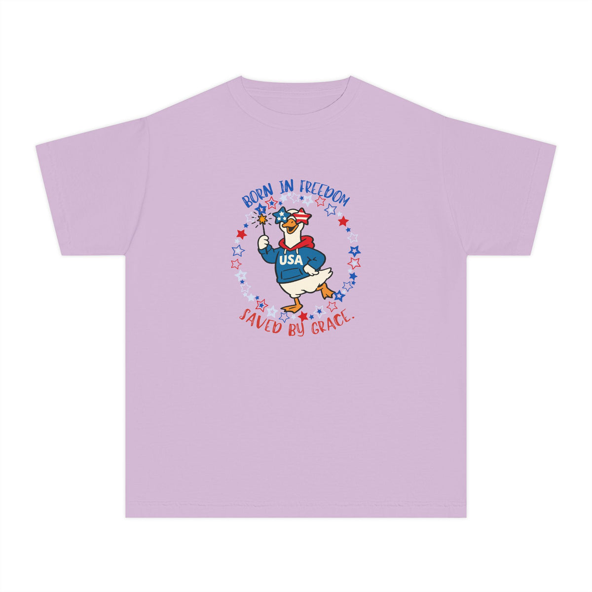 Youth T‑Shirt — "Born in Freedom, Saved by Grace" Patriotic Duck USA Tee