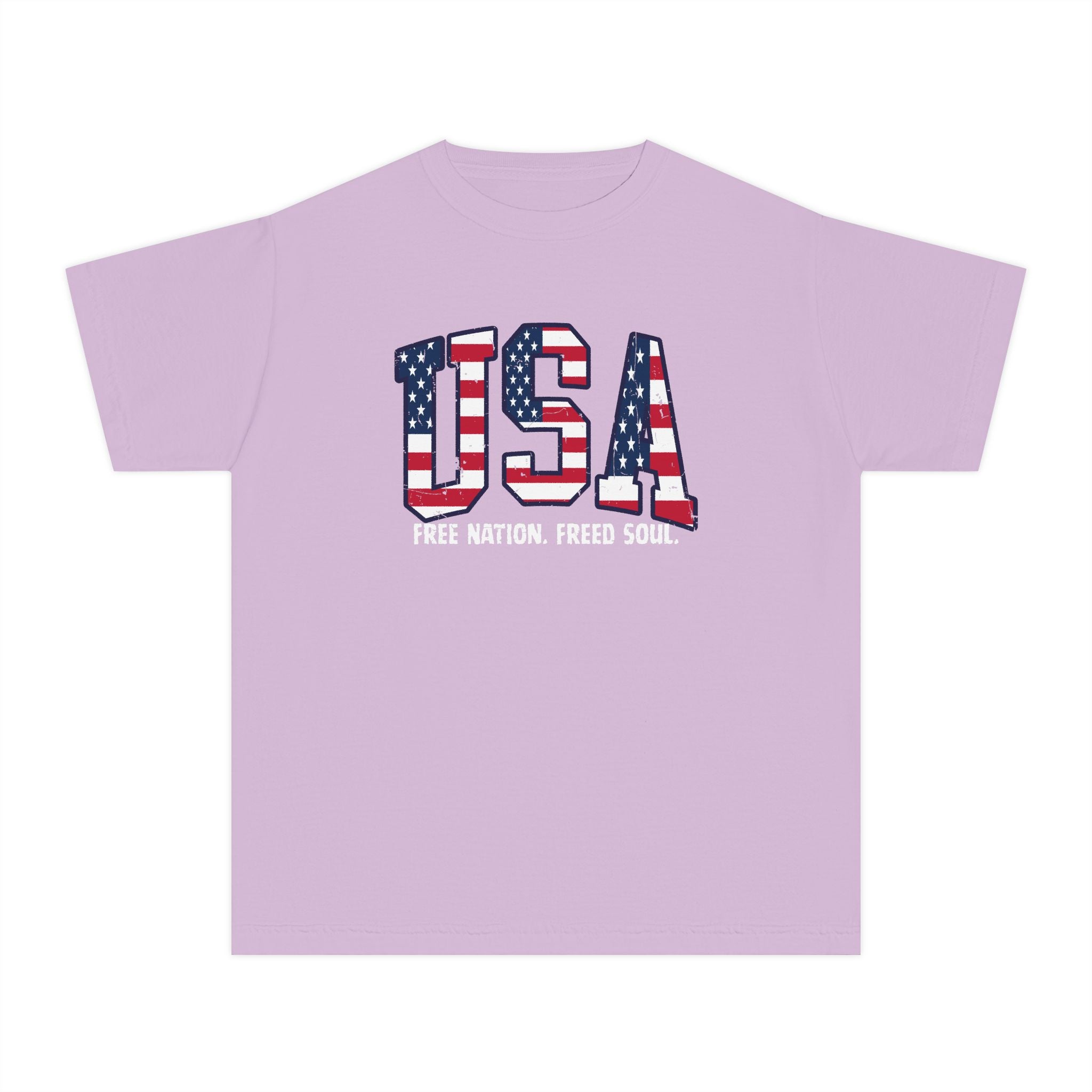 USA Flag Youth Tee - "Free Nation, Freed Soul" Patriotic Kids T-Shirt