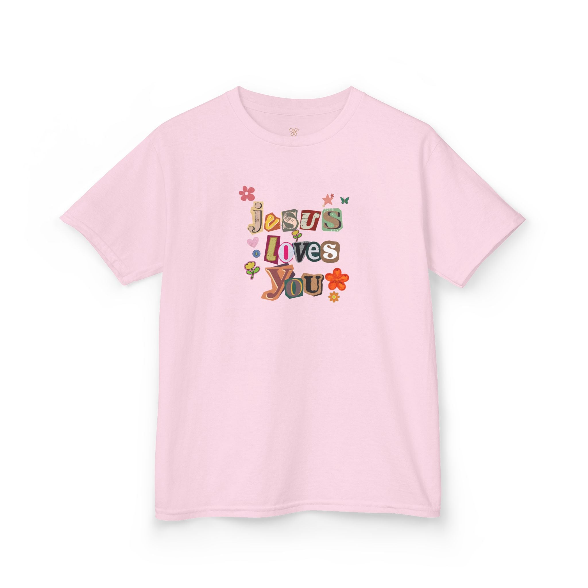 Kids Tee — "Jesus Loves You" Floral Retro Christian Shirt