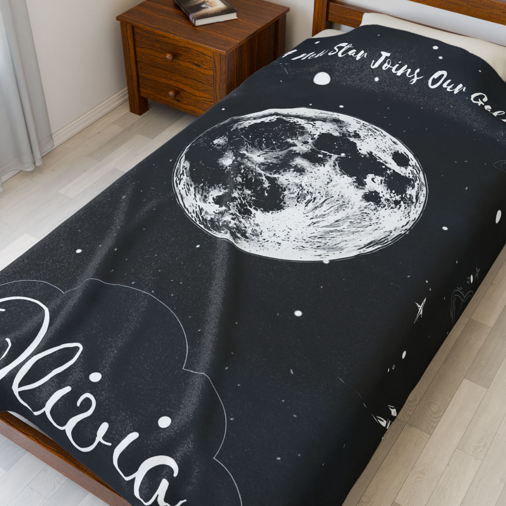 Personalized Moon Nursery Velveteen Blanket, Custom Name Space Baby Throw