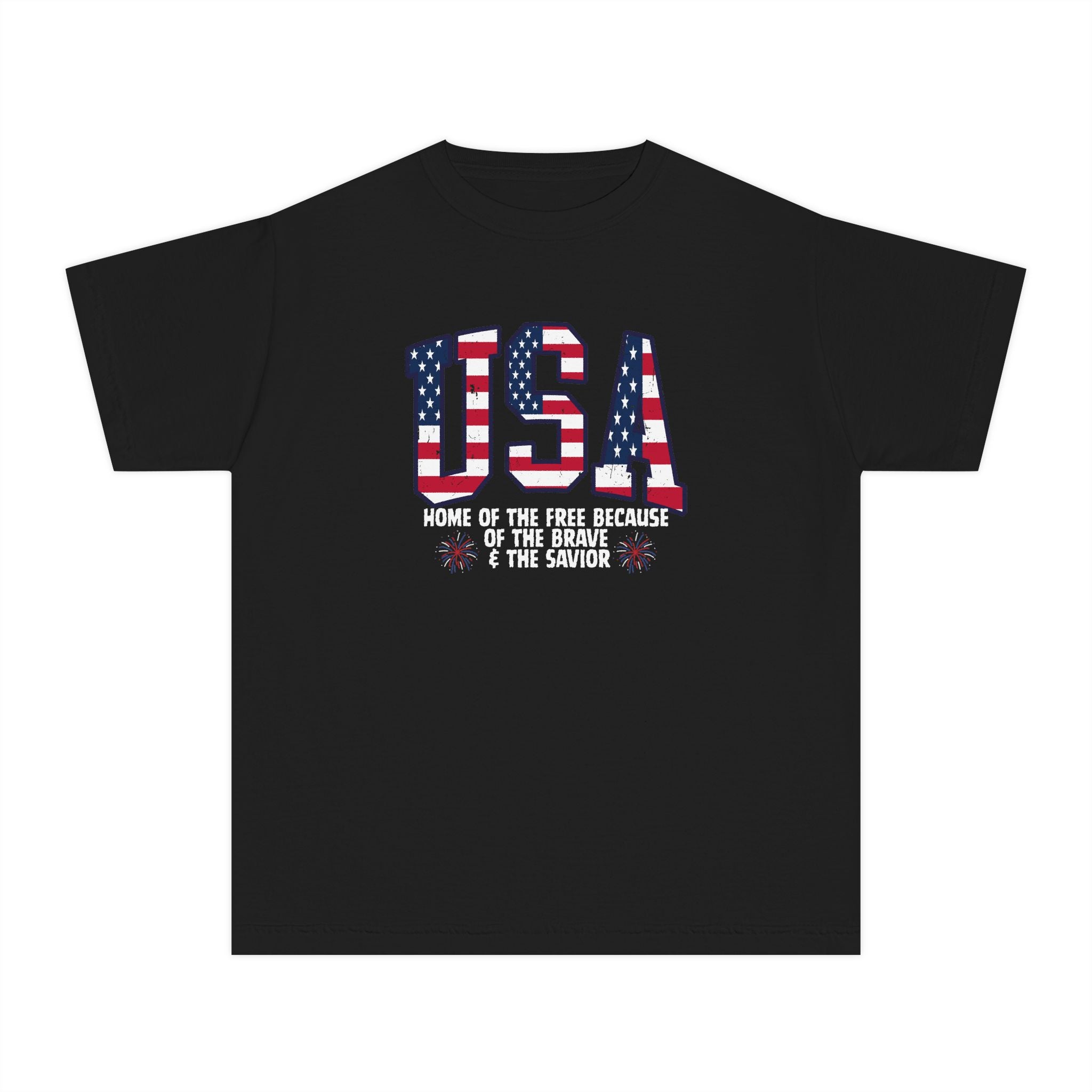 Youth USA Patriotic Tee — "Home of the Free Because of the Brave & the Savior"