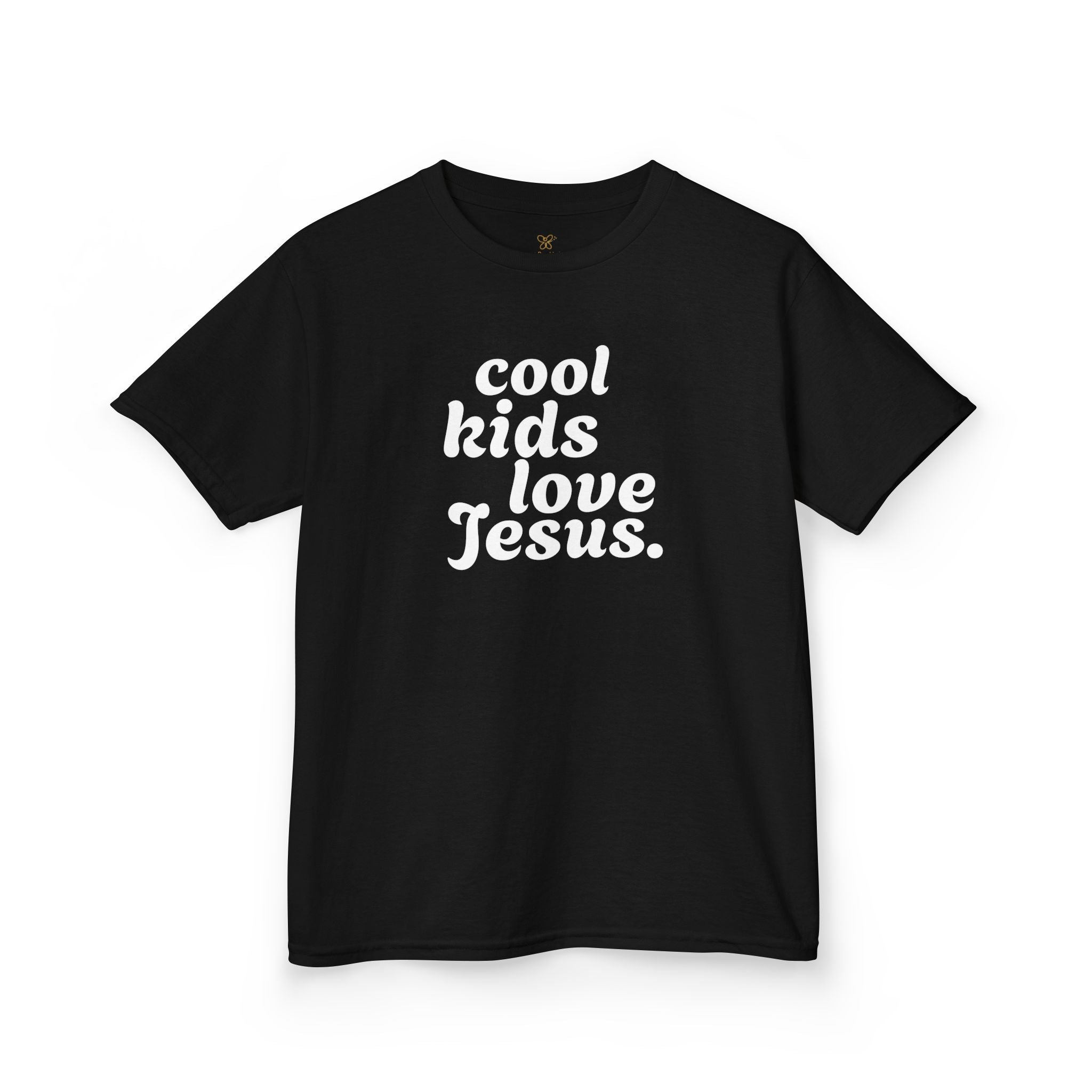 Black t-shirt with 'cool kids love Jesus' text design on a white background