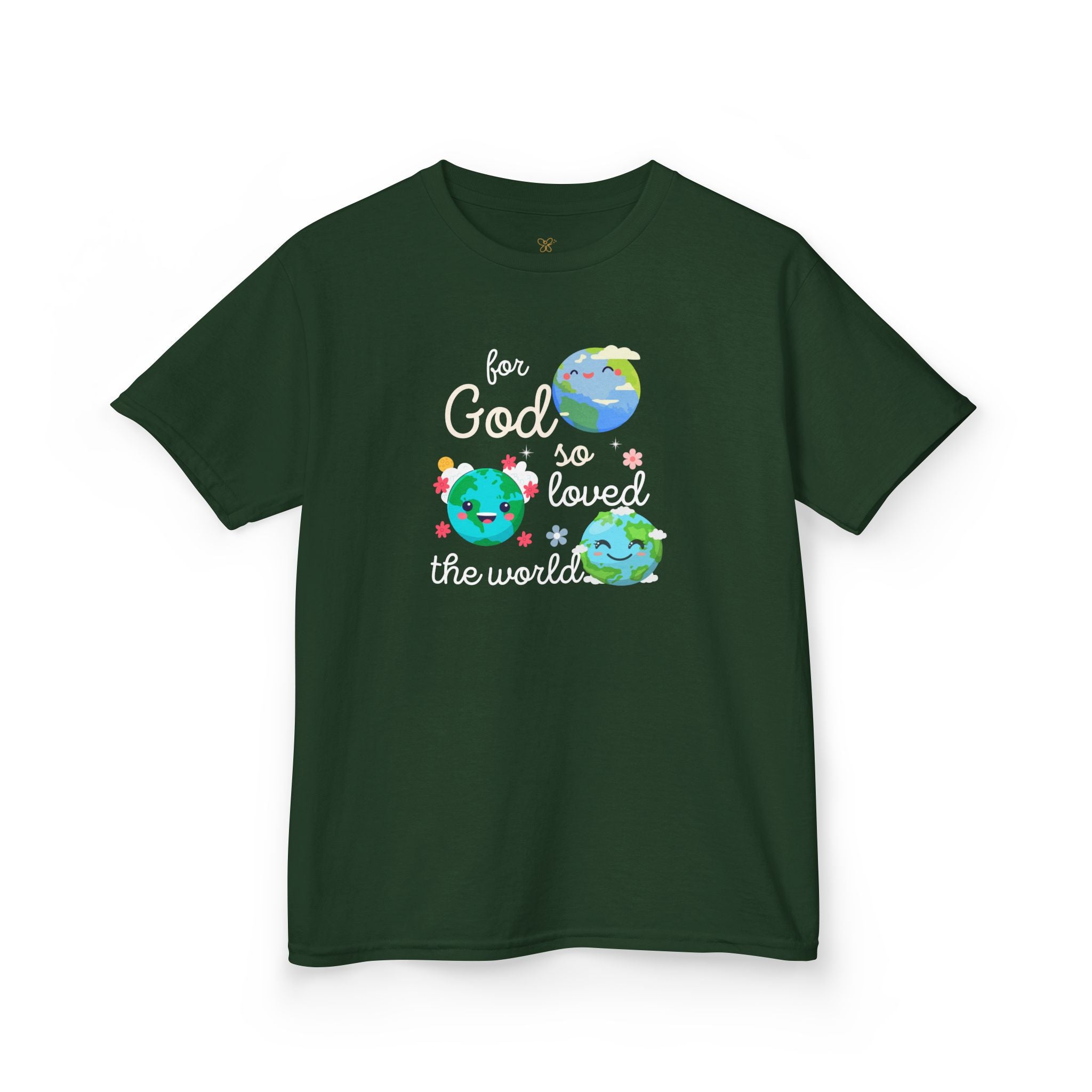 Kids Tee — "For God So Loved the World" Cute Earth Graphic Christian Shirt