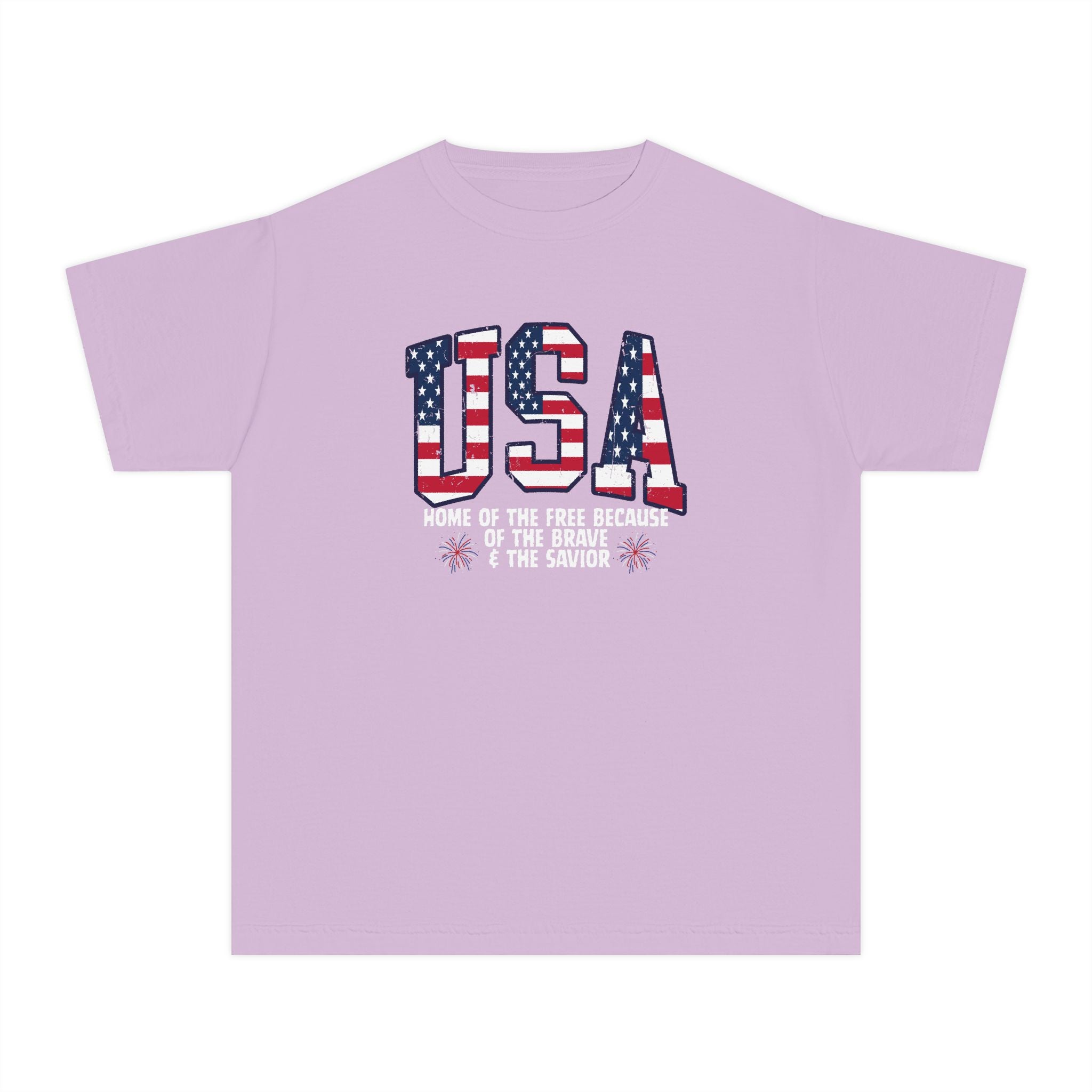 Youth USA Patriotic Tee — "Home of the Free Because of the Brave & the Savior"