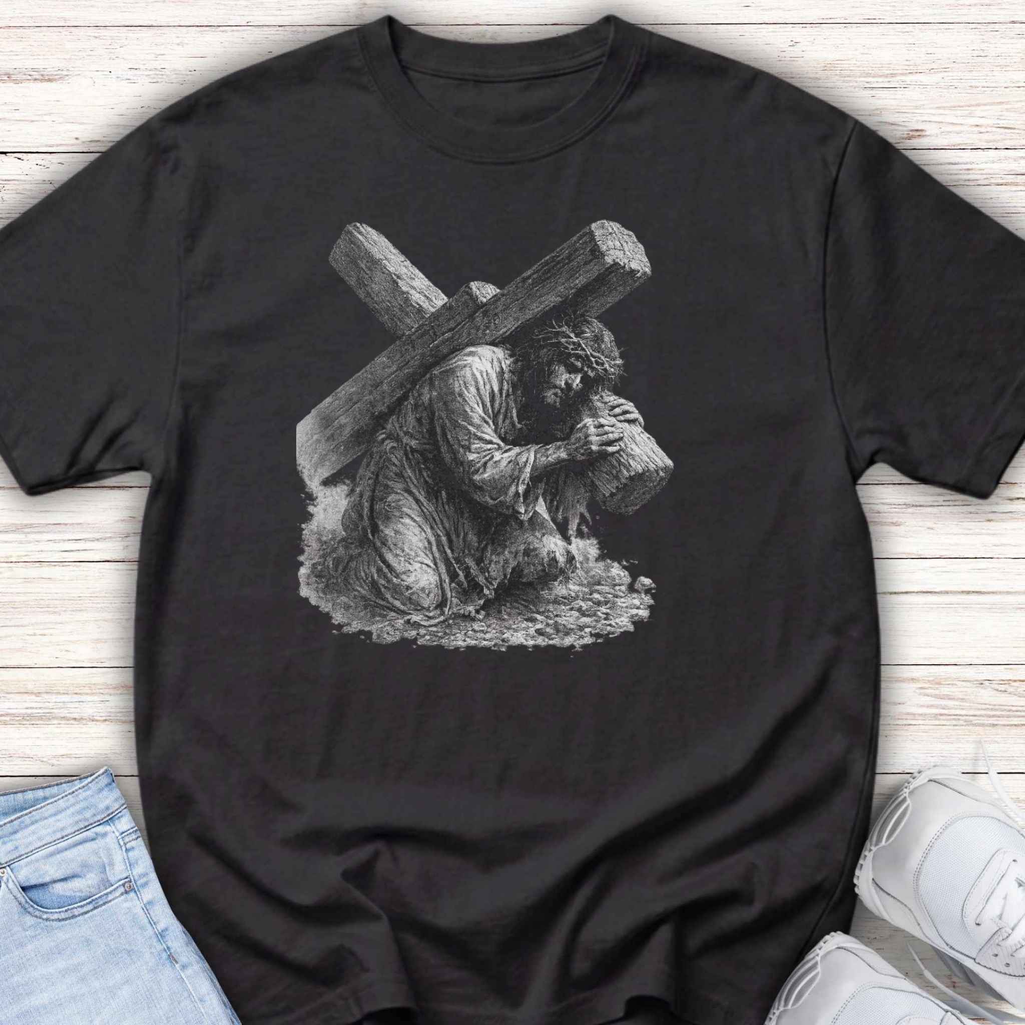 Kneeling Jesus Carrying Cross Youth Tee