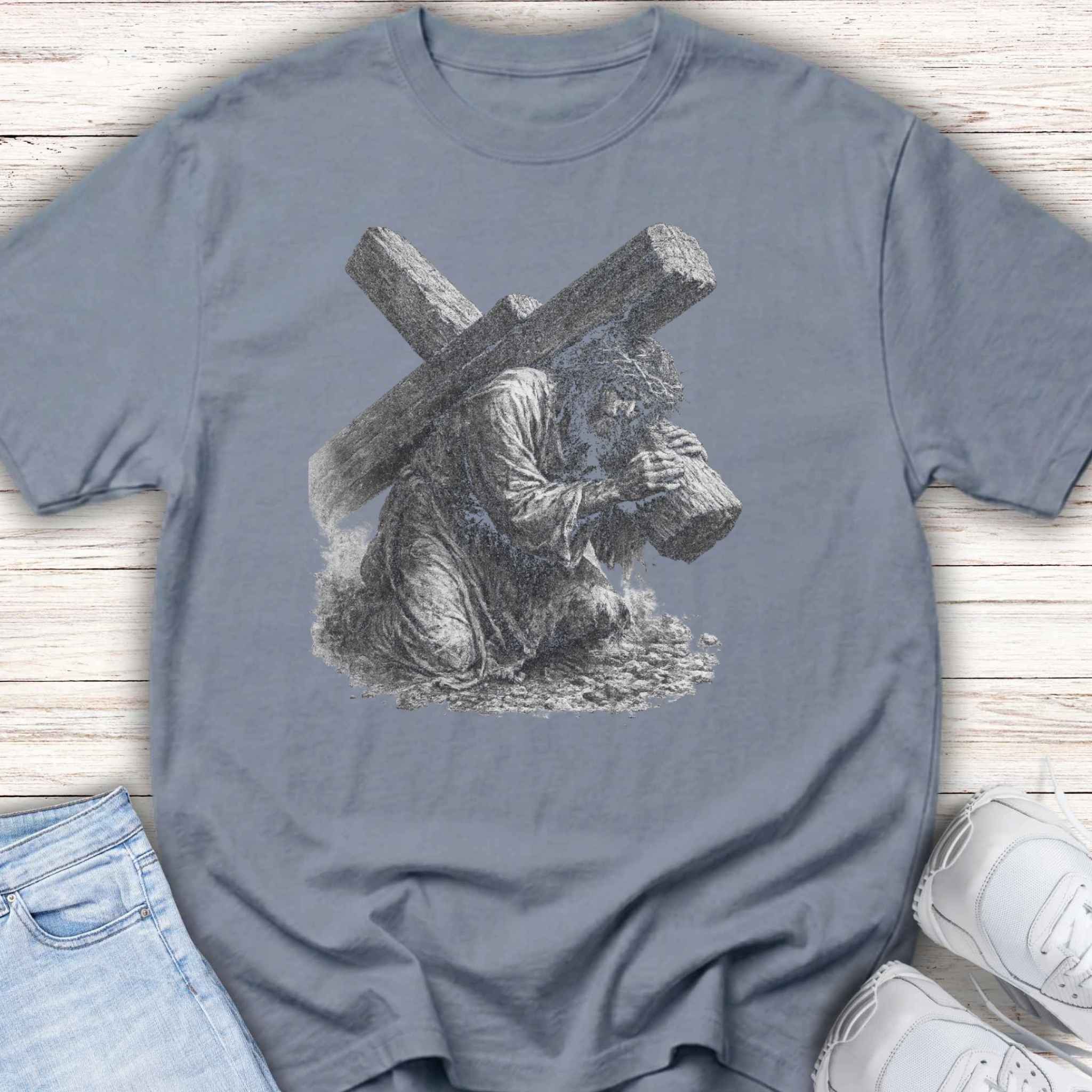 Kneeling Jesus Carrying Cross Youth Tee