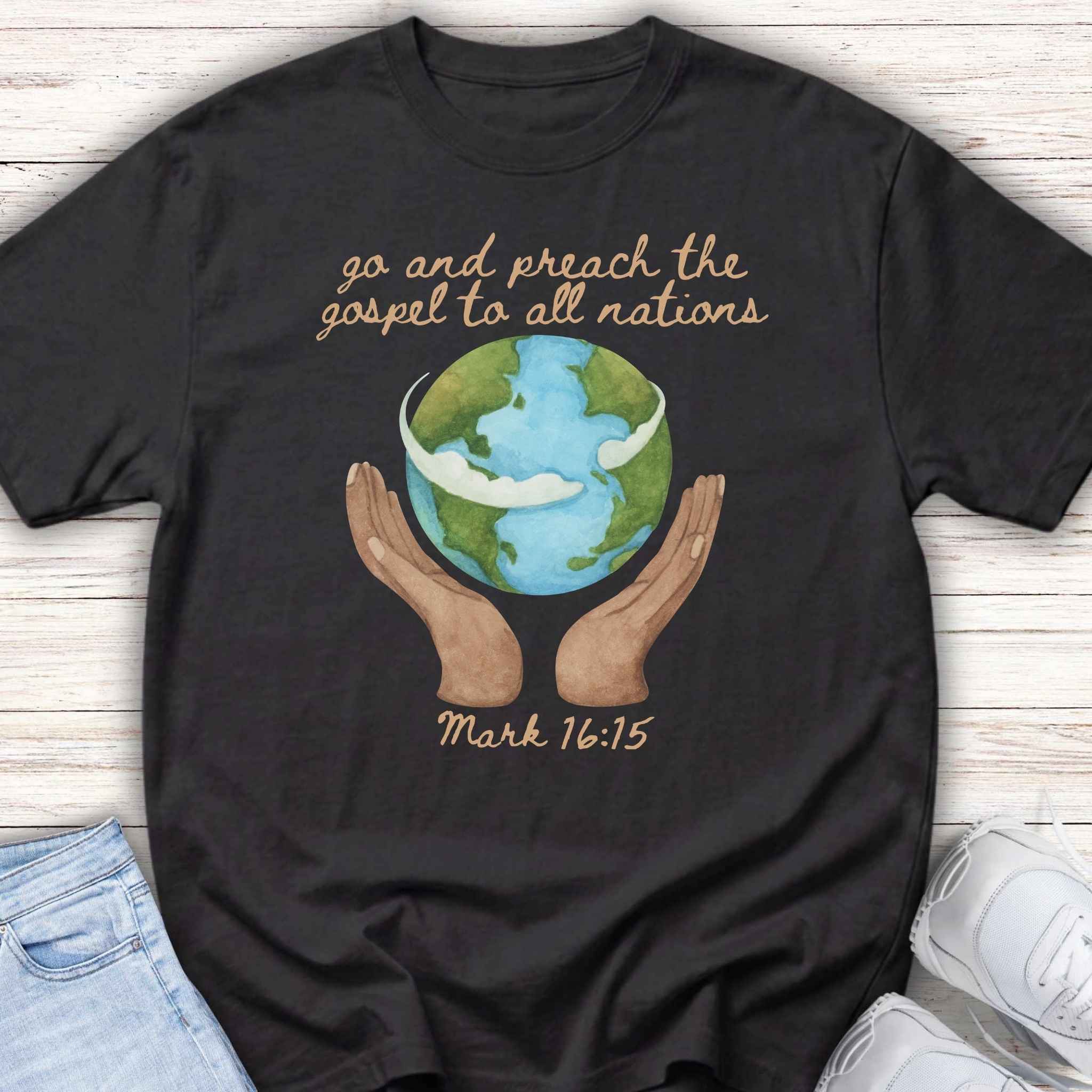 Youth Tee — 'Go and Preach the Gospel to All Nations' Earth Hands Bible Verse Shirt