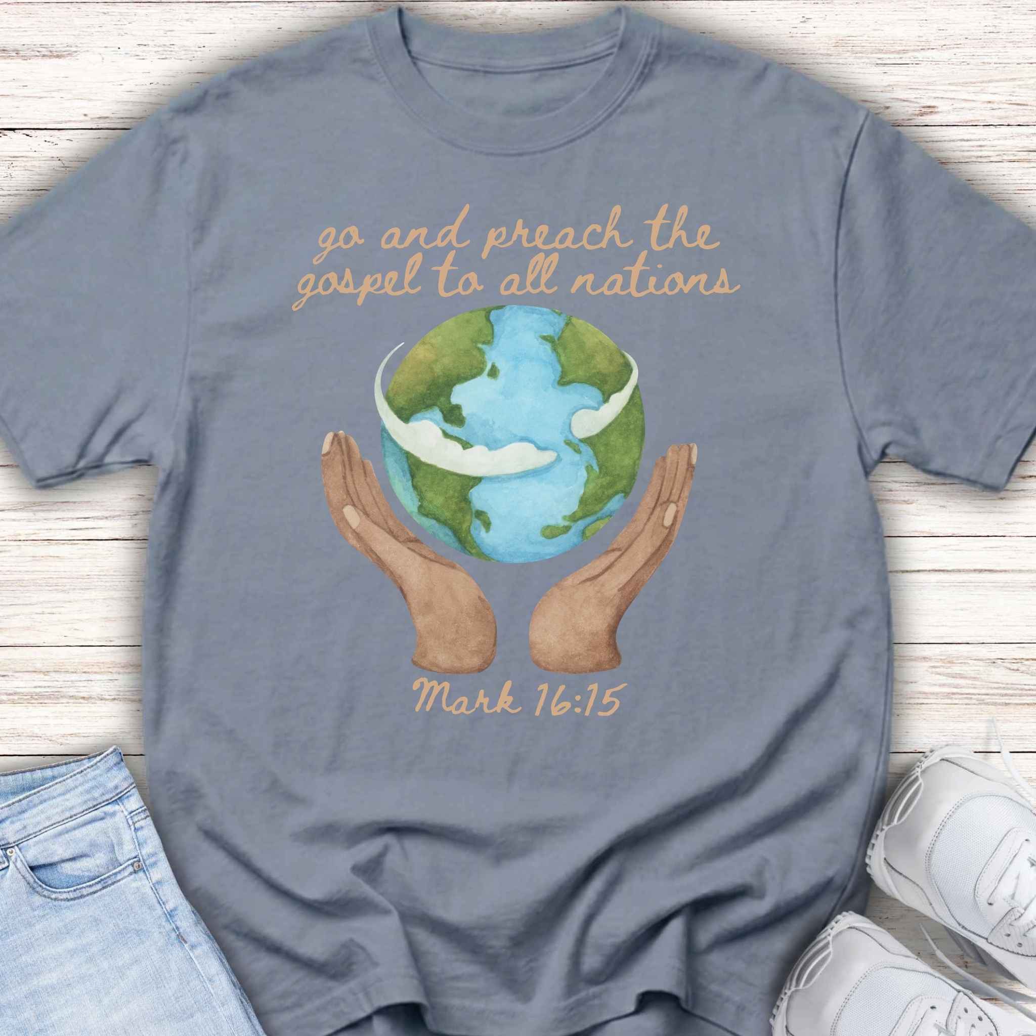 Youth Tee — 'Go and Preach the Gospel to All Nations' Earth Hands Bible Verse Shirt