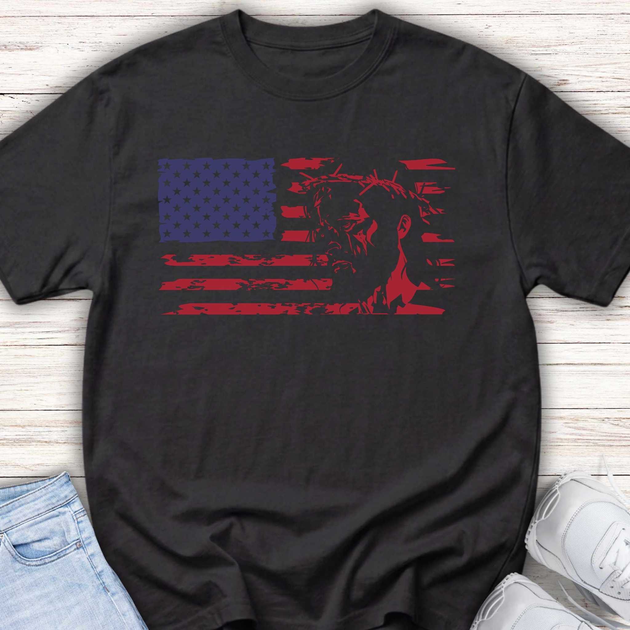Youth Tee-American Flag with Jesus Christ and crown of thorns