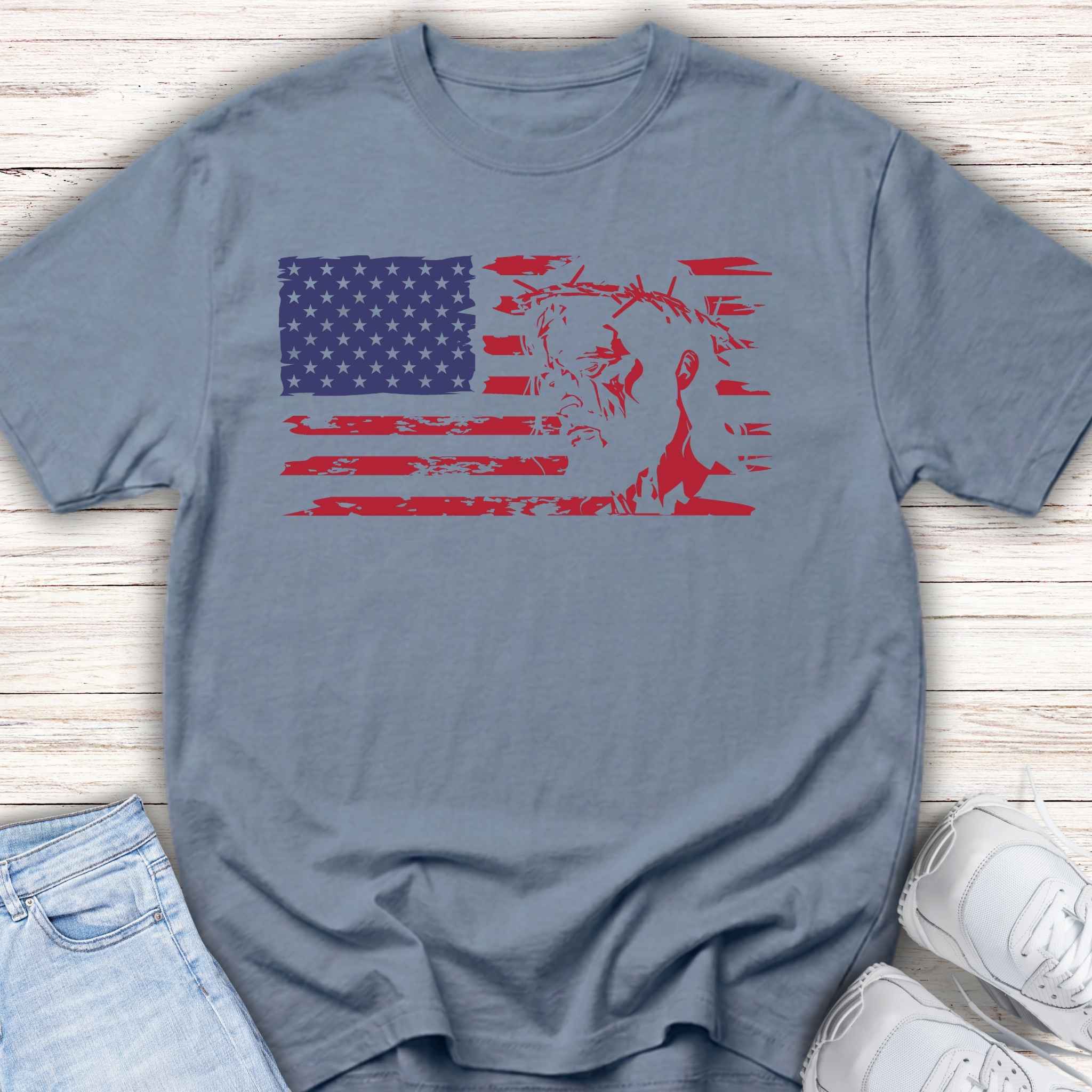 Youth Tee-American Flag with Jesus Christ and crown of thorns