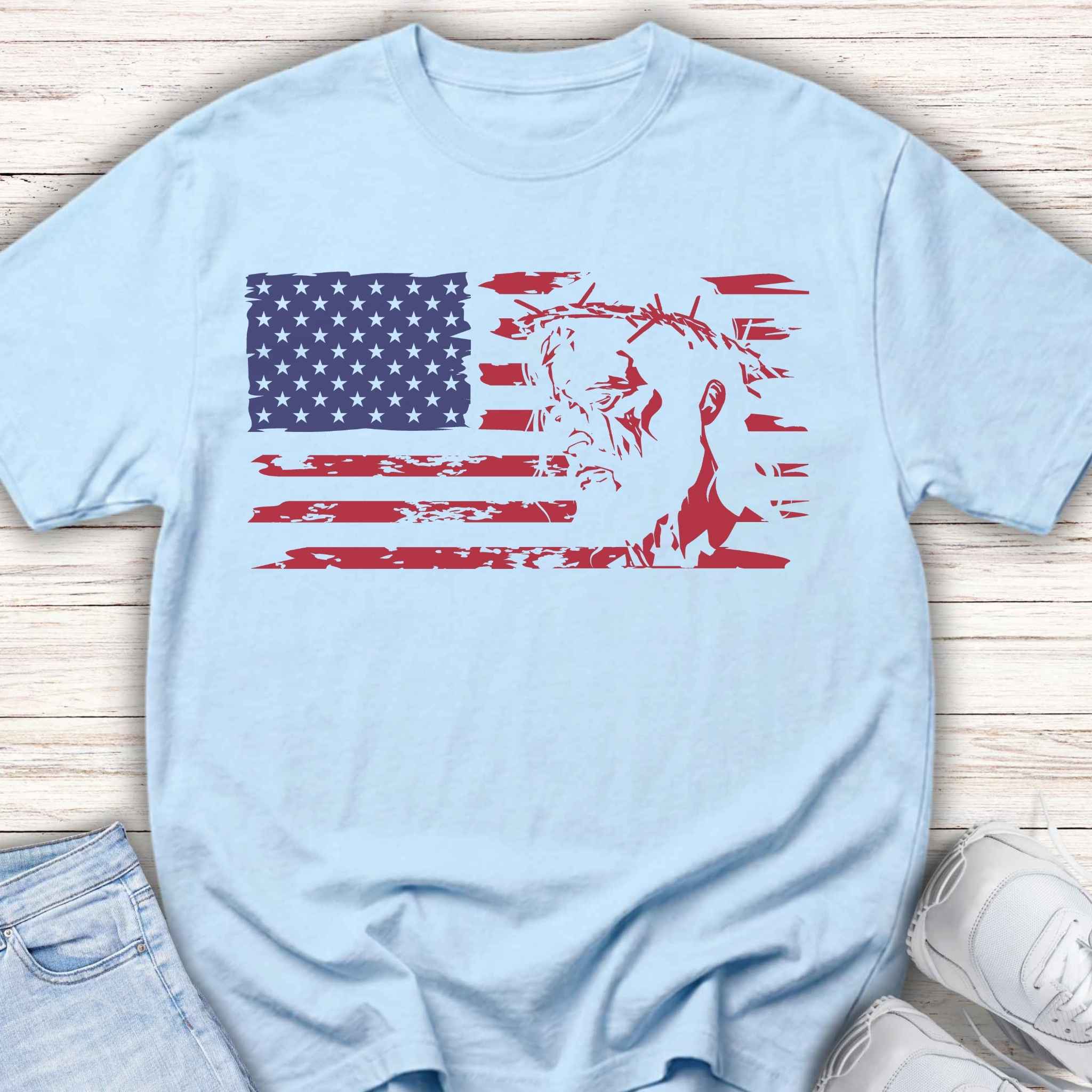Youth Tee-American Flag with Jesus Christ and crown of thorns