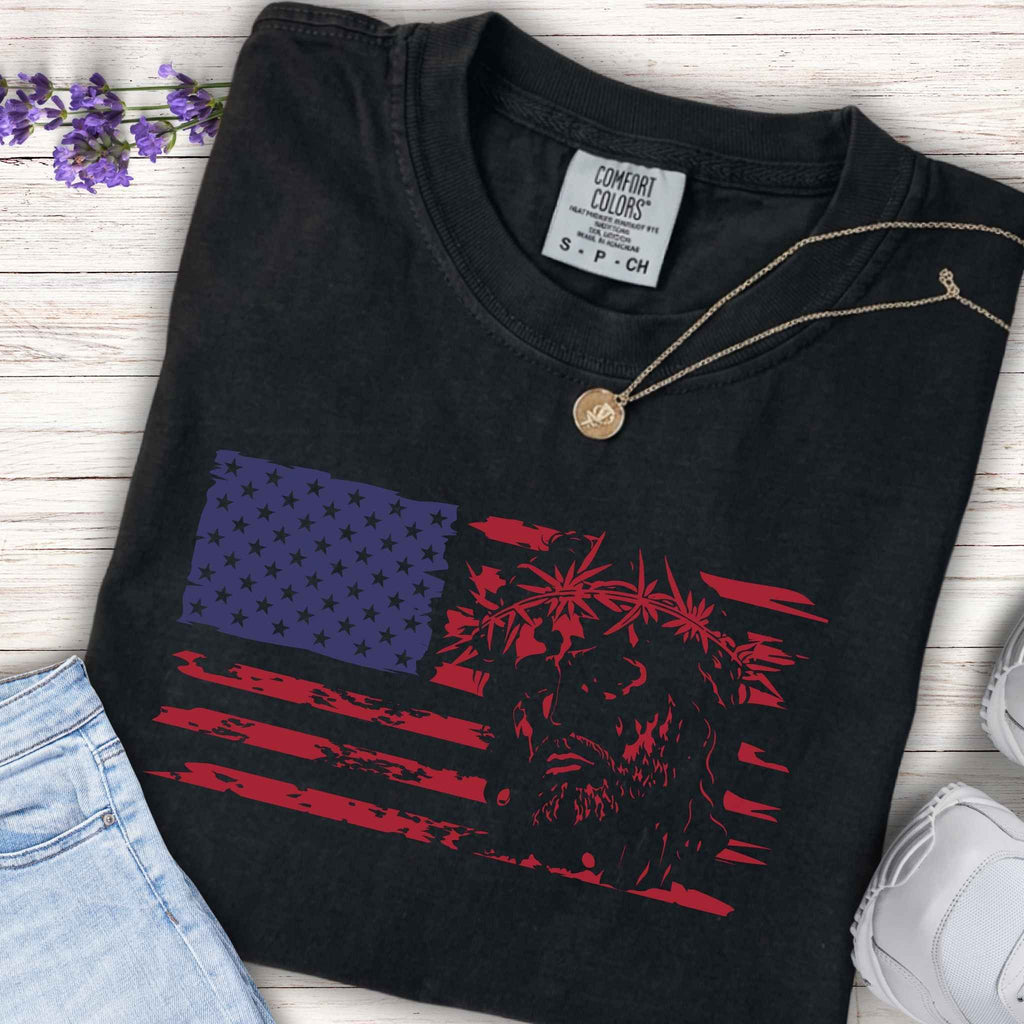 Youth American Flag Tee with Jesus Christ and crown of thorns