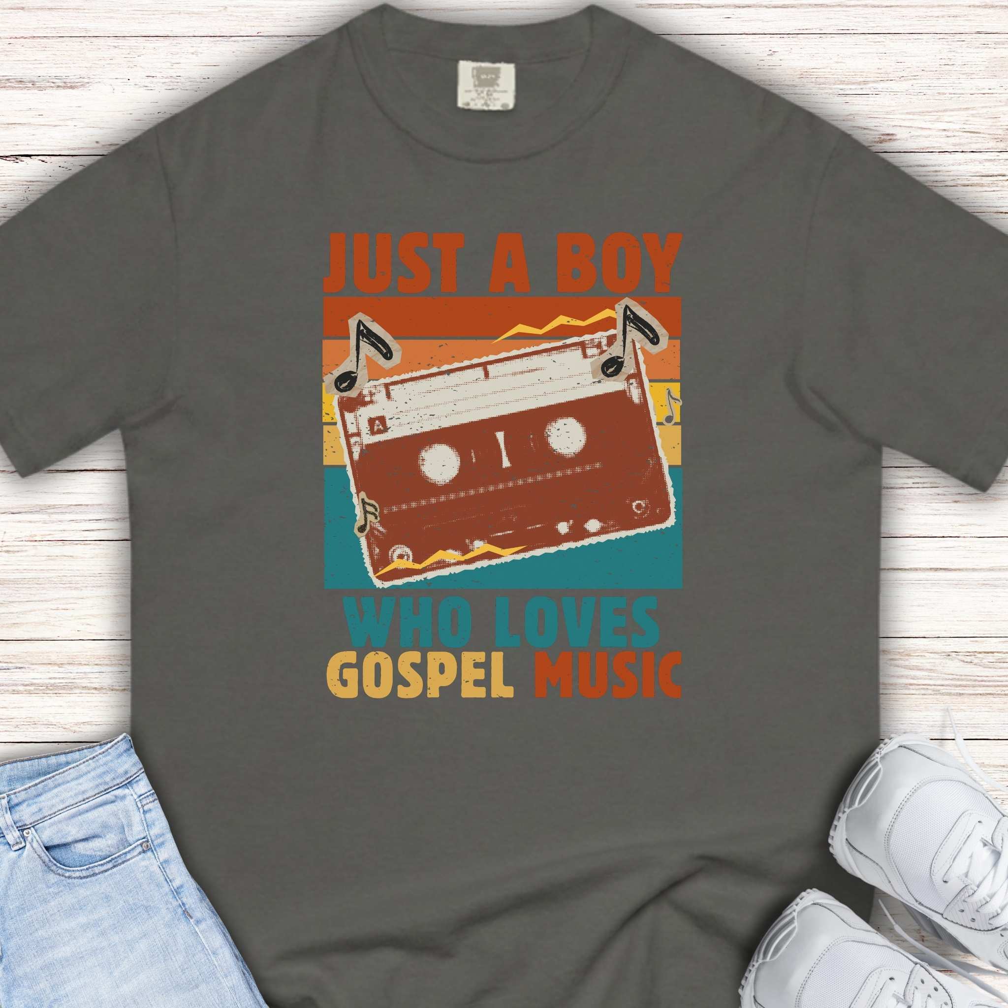 Youth Tee — "Just a Boy Who Loves Gospel Music" Retro Cassette Shirt