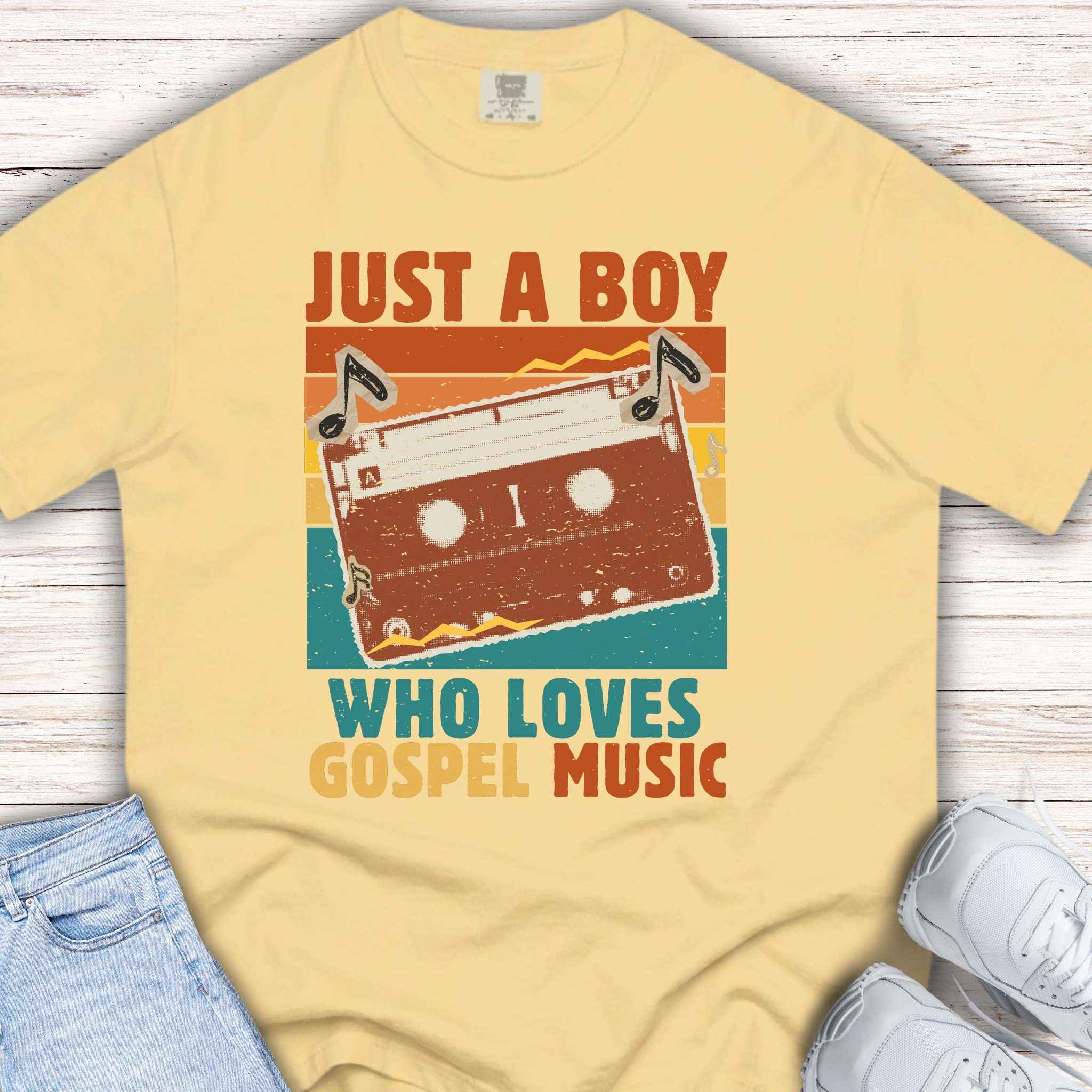 Youth Tee — "Just a Boy Who Loves Gospel Music" Retro Cassette Shirt