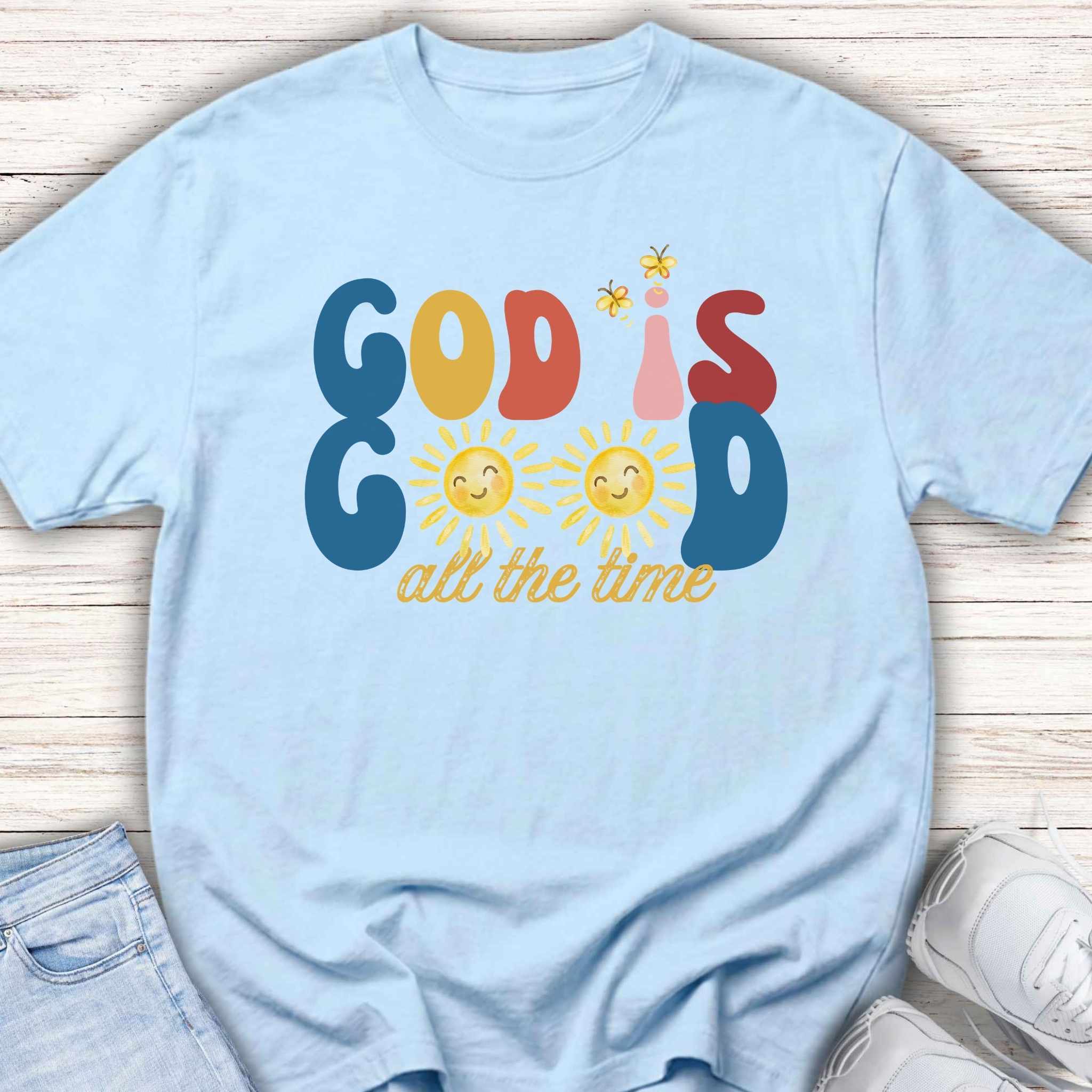 Youth T‑Shirt — "God is Good All the Time" Retro Sunflowers Kids Tee