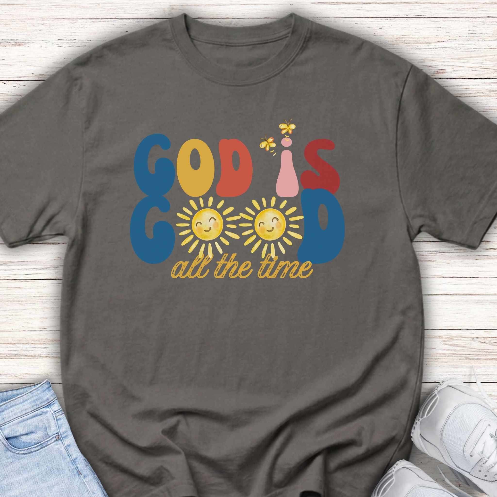Youth T‑Shirt — "God is Good All the Time" Retro Sunflowers Kids Tee