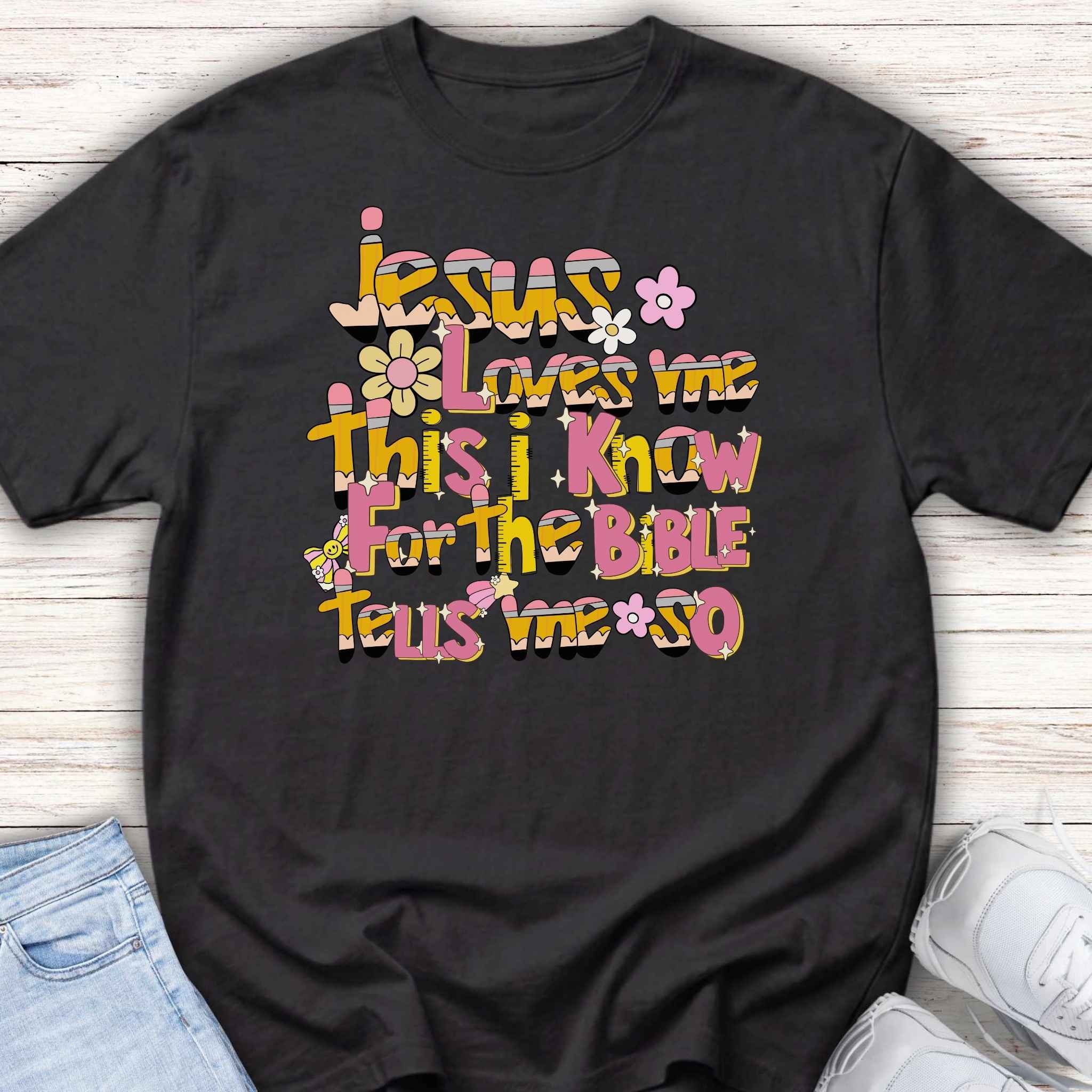 Youth Tee — Retro Floral 'Jesus Loves Me' Christian Kids Shirt