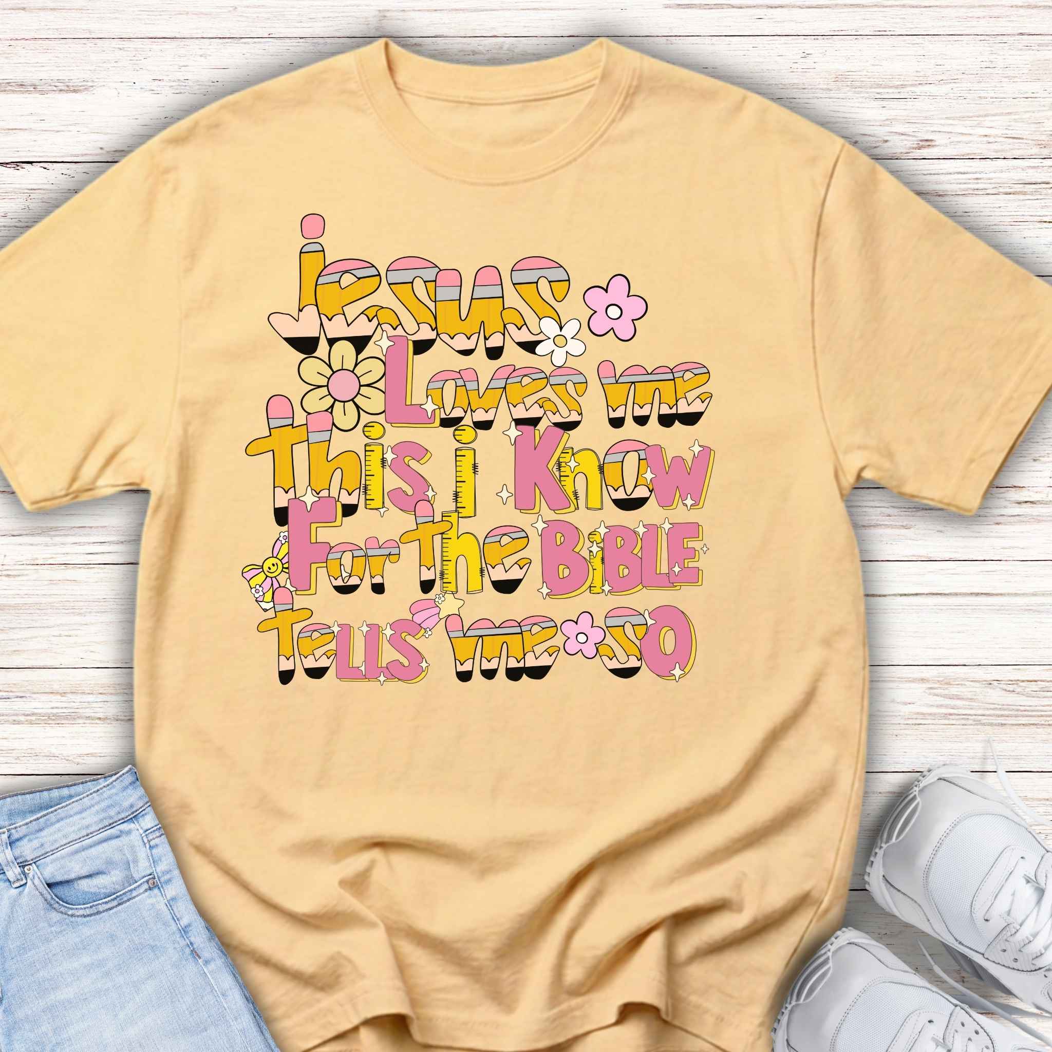 Youth Tee — Retro Floral 'Jesus Loves Me' Christian Kids Shirt