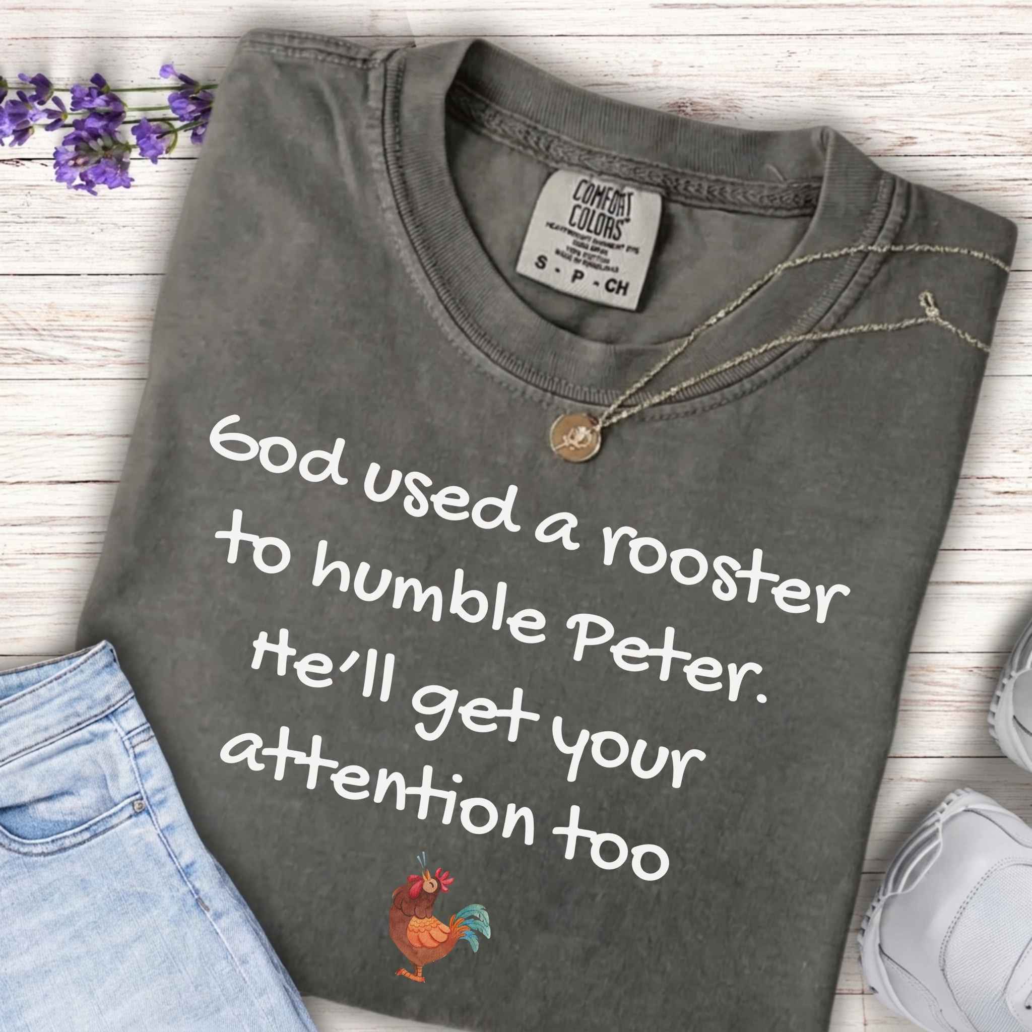 Youth T‑Shirt “God Used a Rooster to Humble Peter” – Kids Christian Faith Tee