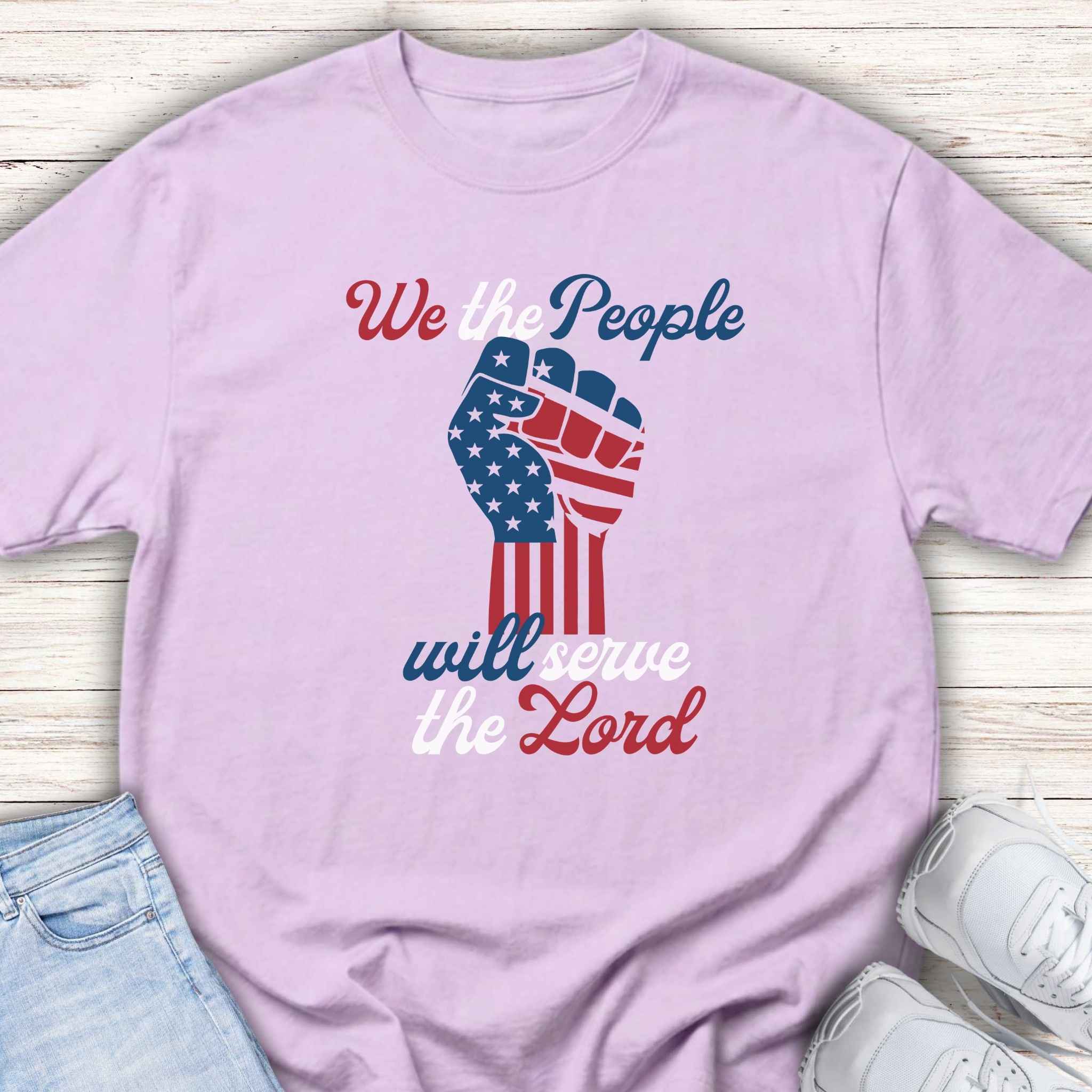 Patriotic Youth Tee — "We the People Will Serve the Lord" Flag Fist