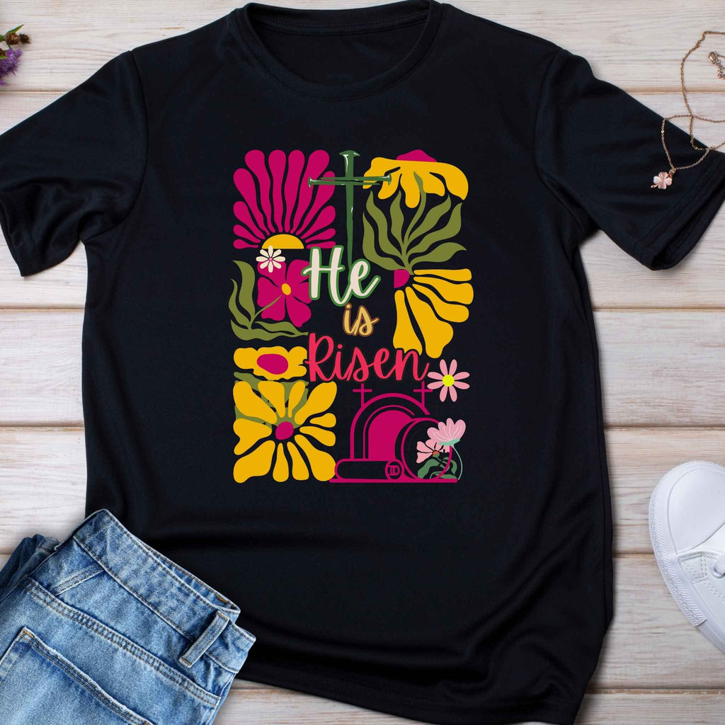 Kids Tee — "He Is Risen" Boho Floral Easter Shirt