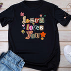 Kids Tee — "Jesus Loves You" Floral Retro Christian Shirt