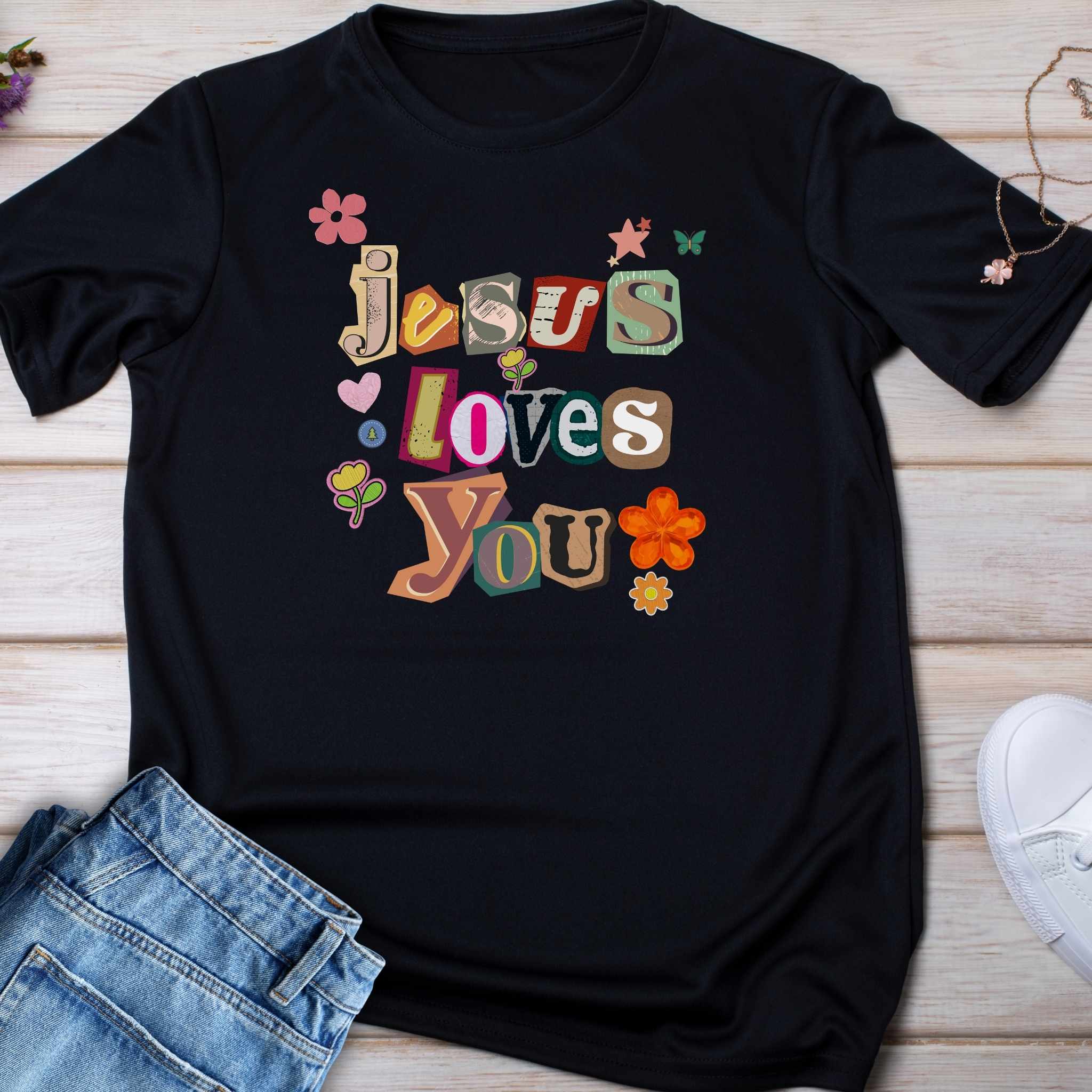Kids Tee — "Jesus Loves You" Floral Retro Christian Shirt