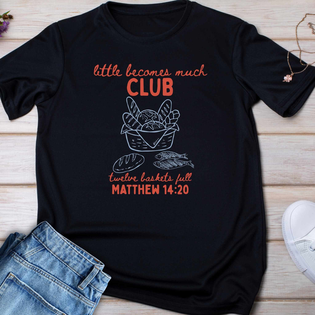 Retro "Little Becomes Much" Kids Christian T-Shirt | 5 Loaves and 2 Fish Miracle