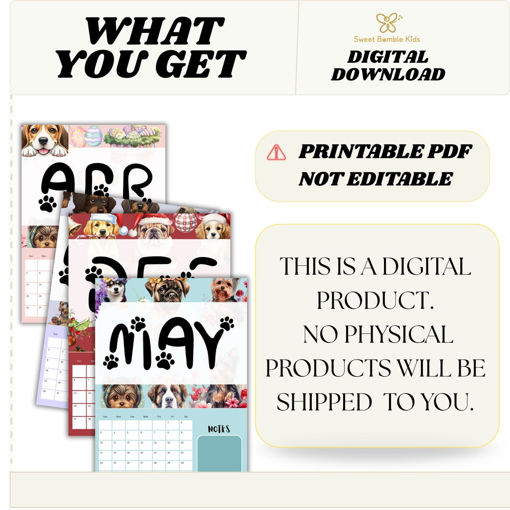 2026 Dog Watercolor Printable Calendar