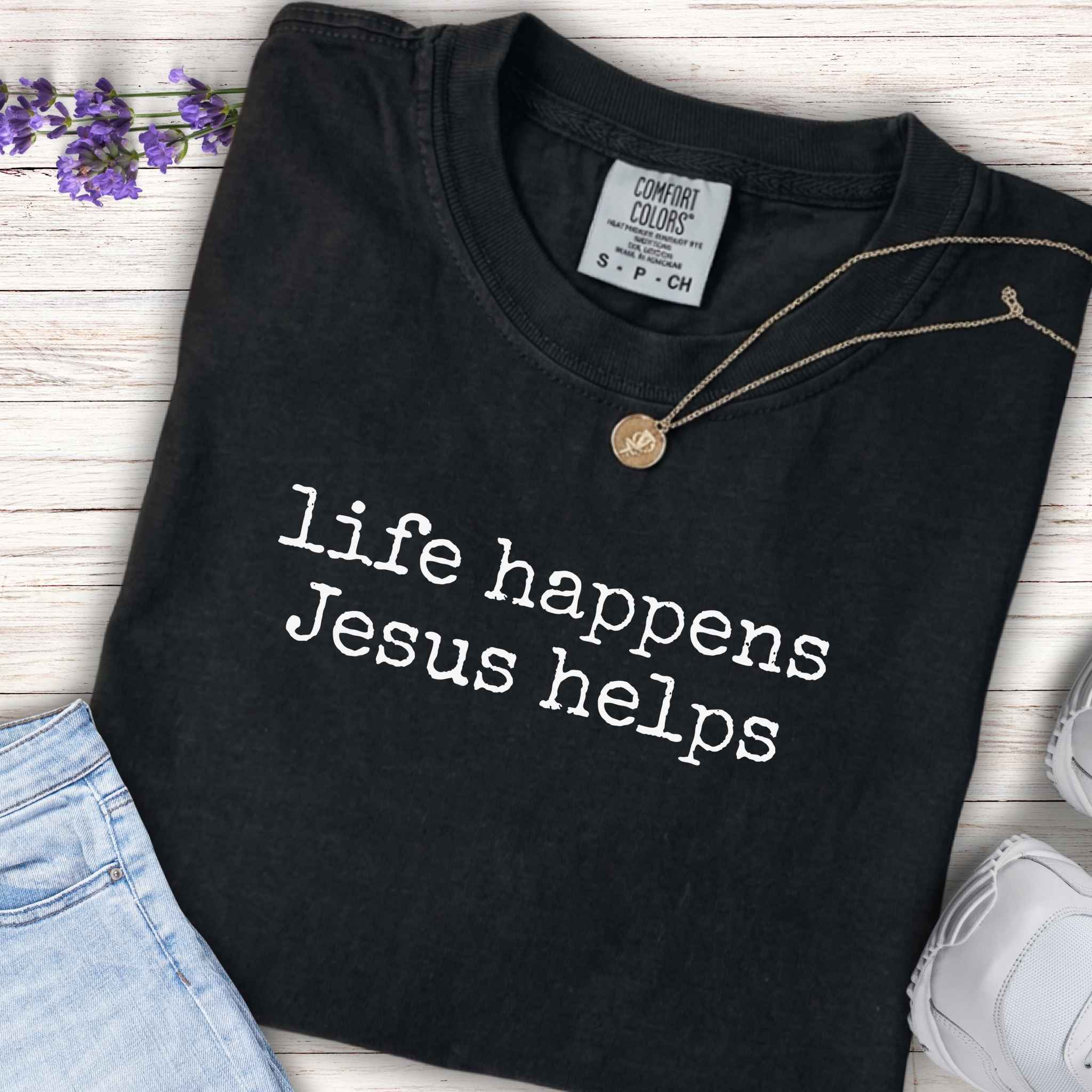 Youth Tee - "Life Happens Jesus Helps" Christian Kids T-shirt