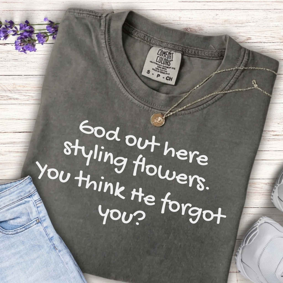 Youth Tee — "God Out Here Styling Flowers, You Think He Forgot You?" Inspirational Graphic T‑Shirt