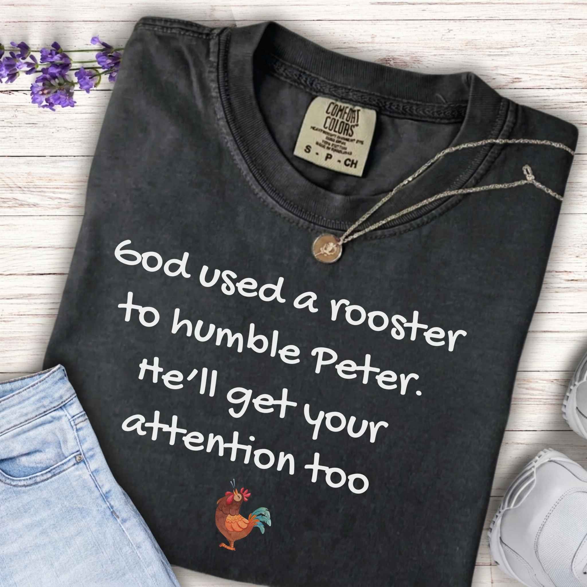 Youth T‑Shirt “God Used a Rooster to Humble Peter” – Kids Christian Faith Tee